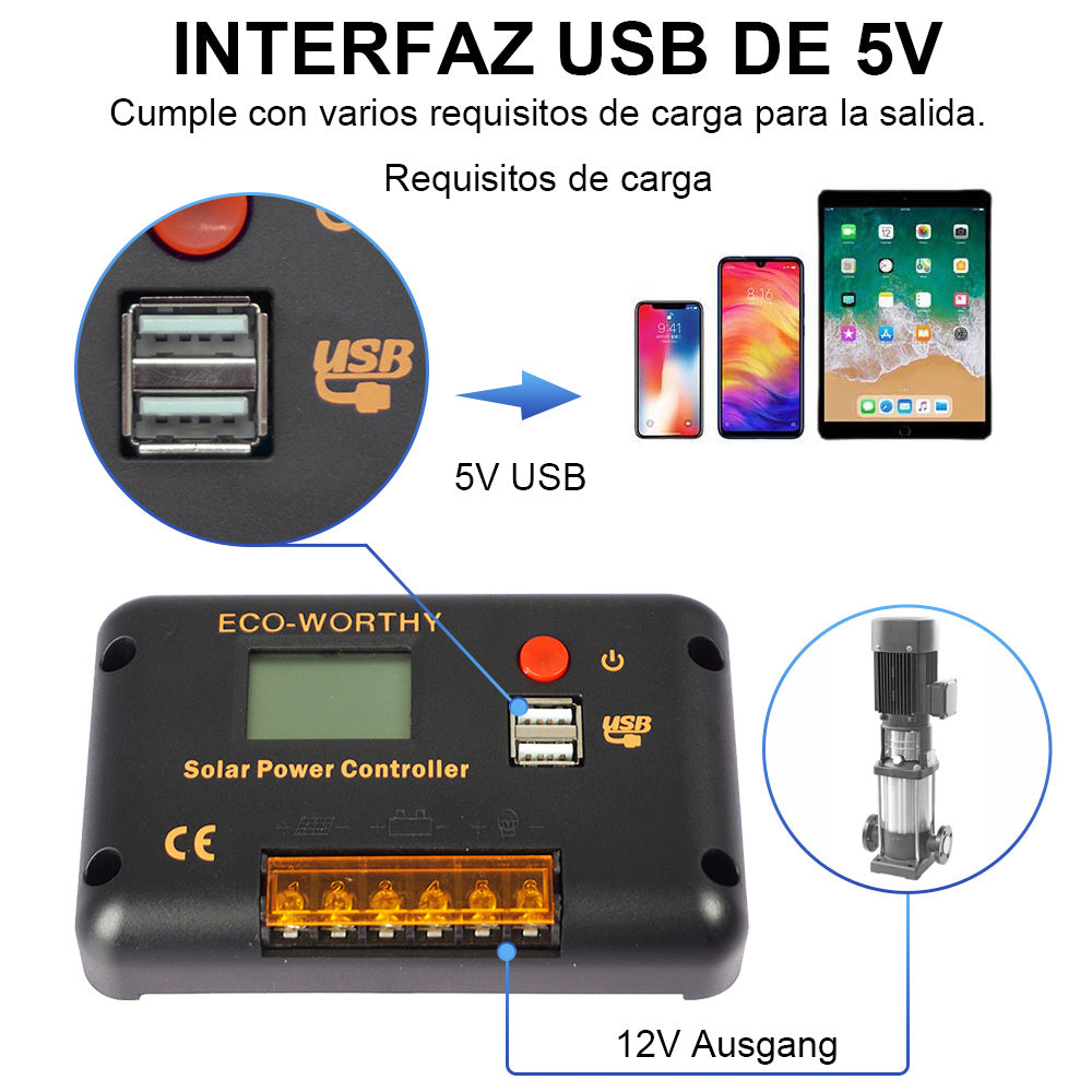 Regulador de Carga PWM-LCD & USB 12/24V 30A