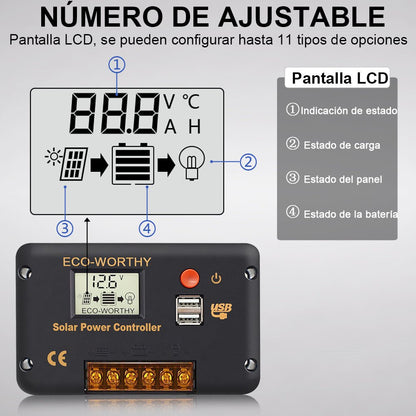 Regulador de Carga PWM - LCD & USB 12/24V 30A - Regulador de Carga - eco - worthy - es