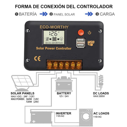 Regulador de Carga PWM - LCD & USB 12/24V 30A - Regulador de Carga - eco - worthy - es