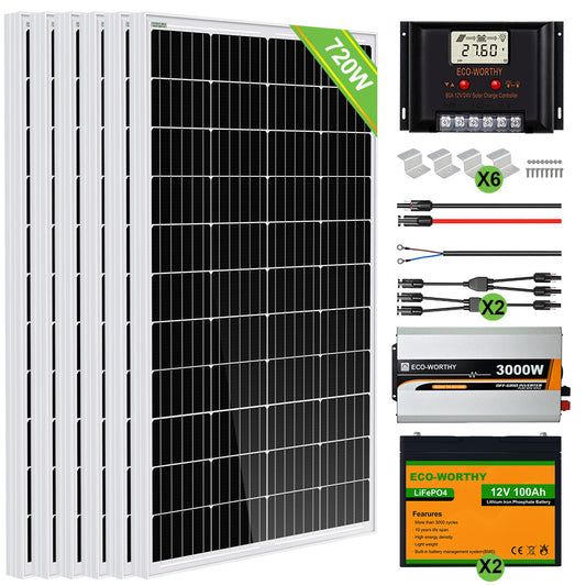 Kit Solar Aislada 720W 24V (6x120W) con Inversor 3kW+Batería de Litio 2.4kWh